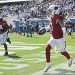
              Arizona Cardinals cornerback Byron Murphy (7) celebrates his touchdown against the Jacksonville Jaguars on an intercepted pass during the second half of an NFL football game, Sunday, Sept. 26, 2021, in Jacksonville, Fla. (AP Photo/Phelan M. Ebenhack)
            