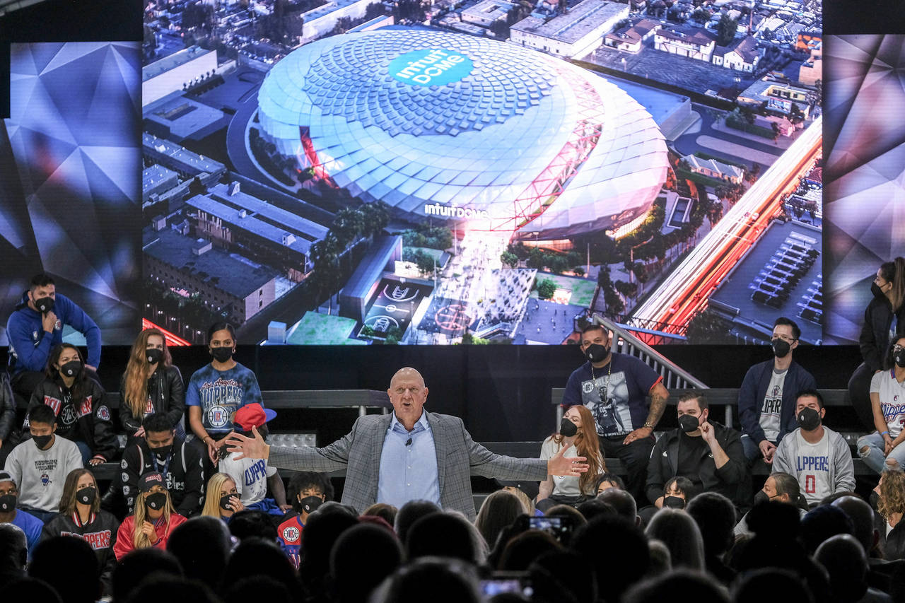 Los Angeles Clippers chairman Steve Ballmer speaks during a groundbreaking ceremony of the Intuit D...