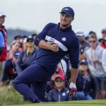 
              Team USA's Bryson DeChambeau reacts to his shot on the 15th hole during a four-ball match the Ryder Cup at the Whistling Straits Golf Course Saturday, Sept. 25, 2021, in Sheboygan, Wis. (AP Photo/Ashley Landis)
            