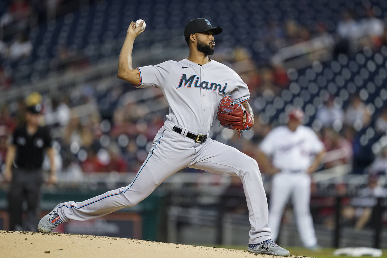 Miami Marlins starting pitcher Sandy Alcantara throws during the first inning of a baseball game ag...