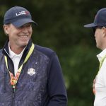 
              Team USA captain Steve Stricker talks to Zack Johnson at the Whistling Straits Golf Course Monday, Sept. 20, 2021, in Sheboygan, Wis. (AP Photo/Morry Gash)
            