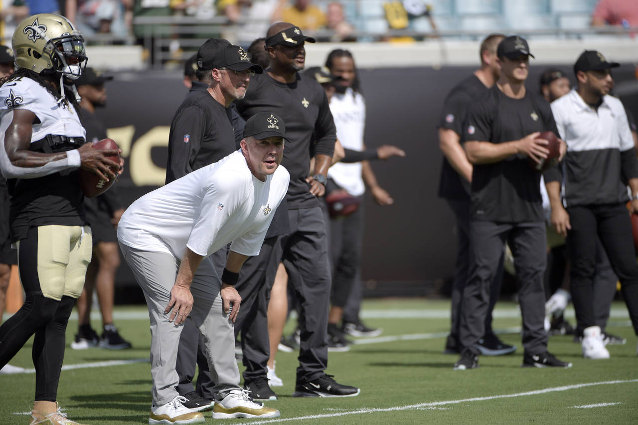 FILE - In this Sunday, Sept. 12, 2021, file photo, New Orleans Saints head coach Sean Payton, secon...
