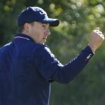 
              Team USA's Jordan Spieth reacts after making a putt on the ninth hole during a foursomes match the Ryder Cup at the Whistling Straits Golf Course Saturday, Sept. 25, 2021, in Sheboygan, Wis. (AP Photo/Charlie Neibergall)
            