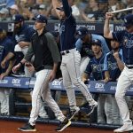 
              Tampa Bay Rays players react after defeating the Toronto Blue Jays during a baseball game Wednesday, Sept. 22, 2021, in St. Petersburg, Fla. With the win, the Rays clinched a playoff berth. (AP Photo/Chris O'Meara)
            
