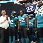 
              Jacksonville Jaguars coach Urban Meyer, left, prepares to lead his team onto the field before an NFL football game against the Houston Texans Sunday, Sept. 12, 2021, in Houston. (AP Photo/Sam Craft)
            