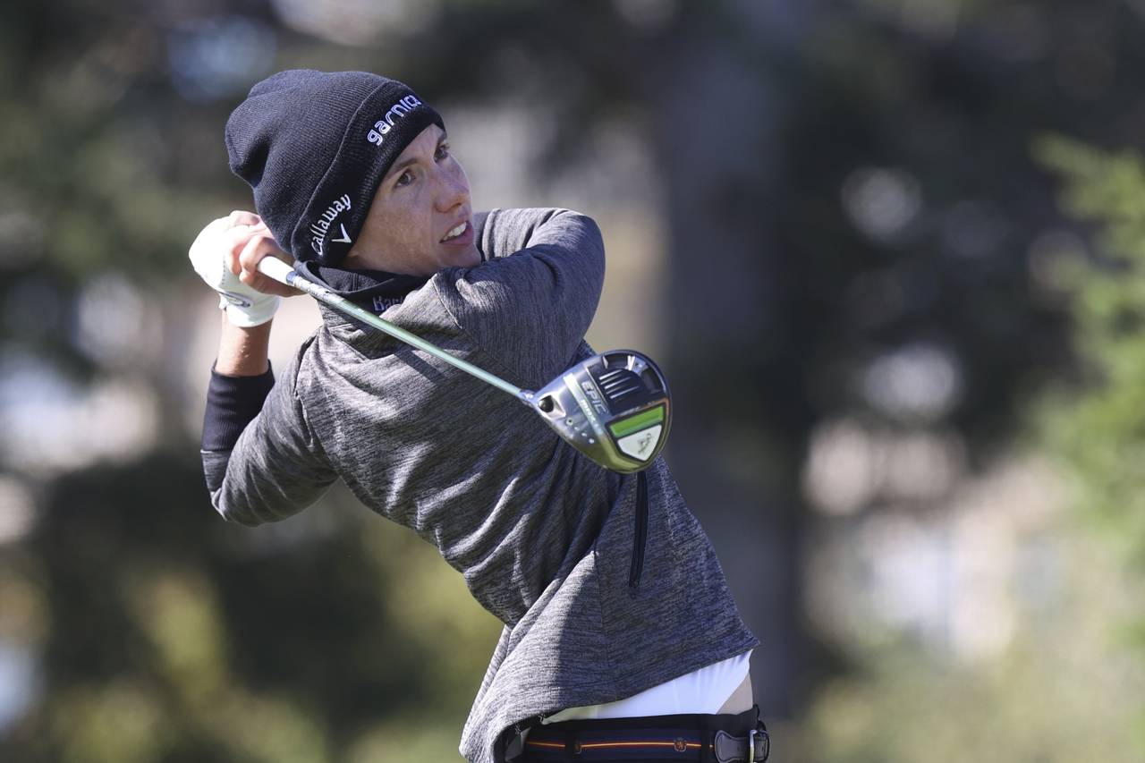 Carlota Ciganda, of Spain, watches her tee shot on the second hole during the first round of the LP...