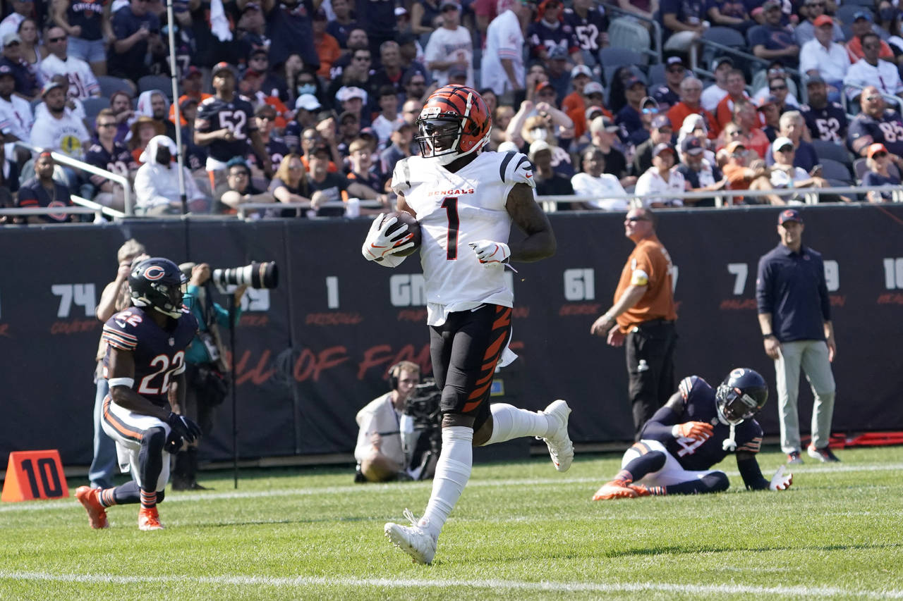 Chicago Bears quarterback Andy Dalton walks to the locker room with an  unidentified trainer during the first half of an NFL football game against  the Cincinnati Bengals Sunday, Sept. 19, 2021, in