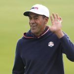 
              Team USA's Tony Finau gestures on the sixth hole during a practice day at the Ryder Cup at the Whistling Straits Golf Course Thursday, Sept. 23, 2021, in Sheboygan, Wis. (AP Photo/Jeff Roberson)
            