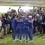 
              FILE- In this Sept. 30, 2018, file photo, from left, Europe's Justin Rose, Tommy Fleetwood, Ian Poulter and Paul Casey pose for photographers as they celebrate after Europe won the Ryder Cup on the final day of the 42nd Ryder Cup at Le Golf National in Saint-Quentin-en-Yvelines, outside Paris, France. The pandemic-delayed 2020 Ryder Cup returns the United States next week at Whistling Straits along the Wisconsin shores of Lake Michigan. (AP Photo/Matt Dunham, File)
            
