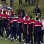 
              Team USA shakes hands with Team Europe after the Ryder Cup matches at the Whistling Straits Golf Course Sunday, Sept. 26, 2021, in Sheboygan, Wis. (AP Photo/Jeff Roberson)
            