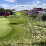 
              Temporary grandstands are setup around the 18th hole at Whistling Straits Golf Course, in Haven, Wis.. Tuesday, Sept. 14, 2021, in preparation for the The Ryder Cup golf matches. The pandemic-delayed 2020 Ryder Cup returns the United States next week at Whistling Straits along the Wisconsin shores of Lake Michigan. (Mike De Sisti/Milwaukee Journal-Sentinel via AP)
            
