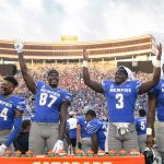 
              Memphis players Eric Rivers (34), Jeremy Tate Jr. (87), Keith Brown Jr. (3) and Makylan Pounders celebrate in the closing moments of an NCAA college football game against Mississippi State, Saturday, Sept. 18, 2021, in Memphis, Tenn. (AP Photo/John Amis)
            