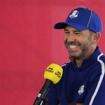 
              Team Europe's Sergio Garcia smiles as he answers questions during a practice day at the Ryder Cup at the Whistling Straits Golf Course Tuesday, Sept. 21, 2021, in Sheboygan, Wis. (AP Photo/Jeff Roberson)
            