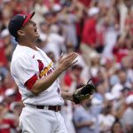 
              St. Louis Cardinals relief pitcher Giovanny Gallegos celebrates after getting San Diego Padres' Jake Cronenworth to fly out to end a baseball game Sunday, Sept. 19, 2021, in St. Louis. (AP Photo/Jeff Roberson)
            