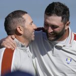 
              Team Europe's Sergio Garcia and Team Europe's Jon Rahm celebrate after winning their foursomes match the Ryder Cup at the Whistling Straits Golf Course Saturday, Sept. 25, 2021, in Sheboygan, Wis. (AP Photo/Ashley Landis)
            