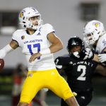 
              While under pressure from the Hawaii defense, San Jose State quarterback Nick Starkel (17) throws an interception during the second half of an NCAA college football game, Saturday, Sept. 18, 2021, in Honolulu. (AP Photo/Marco Garcia)
            