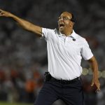 
              Penn State coach James Franklin points and shouts during the team's NCAA college football game against Auburn in State College, Pa., Saturday, Sept. 18, 2021. Penn State won 28-20. (AP Photo/Barry Reeger)
            