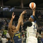 
              Minnesota Lynx Sylvia Fowles (34) shoots over Indiana Fever's Teaira McCowan (15) during the first quarter of a WNBA basketball game Sunday, Sept. 12, 2021, in Minneapolis. (David Joles/Star Tribune via AP)
            