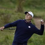 
              Team USA's Jordan Spieth throws a ball to a fan on the ninth hole during a practice day at the Ryder Cup at the Whistling Straits Golf Course Thursday, Sept. 23, 2021, in Sheboygan, Wis. (AP Photo/Ashley Landis)
            