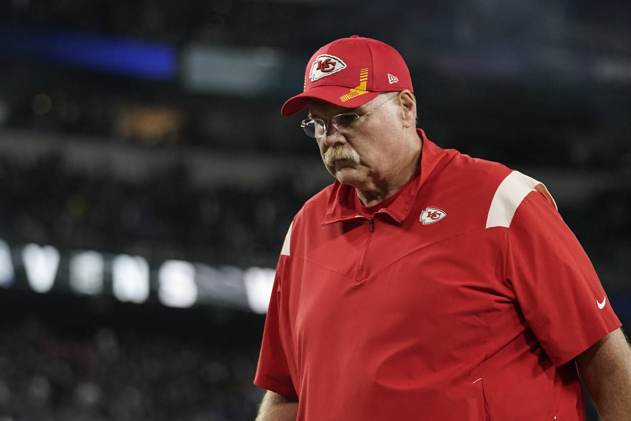 Kansas City Chiefs head coach Andy Reid walks off the field after an NFL football game against the ...