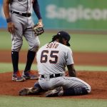 
              Detroit Tigers pitcher Gregory Soto kneels on the field after getting hit by the ball during the ninth inning of a baseball game against the Tampa Bay Rays Friday, Sept. 17, 2021, in St. Petersburg, Fla. (AP Photo/Scott Audette)
            