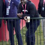 
              Michael Jordan waits for the start of a foursomes match the Ryder Cup at the Whistling Straits Golf Course Saturday, Sept. 25, 2021, in Sheboygan, Wis. (AP Photo/Ashley Landis)
            