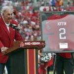 
              Former Tampa Bay Buccaneers defensive coordinator Monte Kiffin speaks to the crowd after being inducted into the Buccaneer's Ring of Honor during halftime of an NFL football game against the Atlanta Falcons Sunday, Sept. 19, 2021, in Tampa, Fla. (AP Photo/Mark LoMoglio)
            