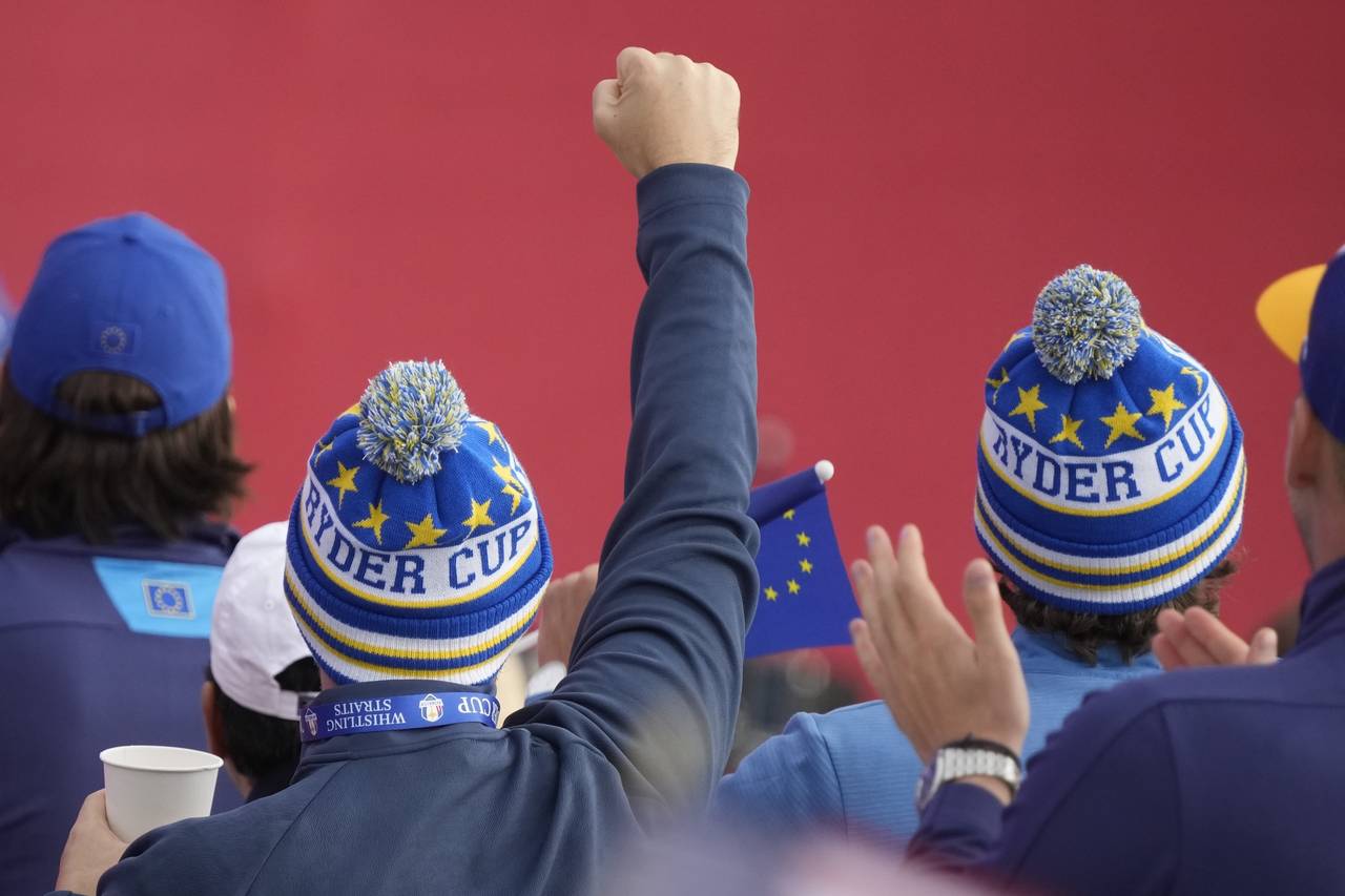 Team Europe fans cheer during the opening ceremony for the Ryder Cup at the Whistling Straits Golf ...