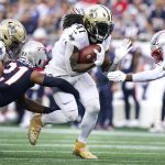 
              New Orleans Saints running back Alvin Kamara (41) runs for a gain during the first half of an NFL football game against the New England Patriots, Sunday, Sept. 26, 2021, in Foxborough, Mass. (AP Photo/Steven Senne)
            