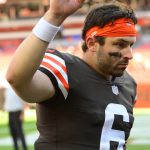 
              Cleveland Browns quarterback Baker Mayfield celebrates after his team defeated the Houston Texans in an NFL football game, Sunday, Sept. 19, 2021, in Cleveland. (AP Photo/David Richard)
            