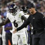 
              Baltimore Ravens head coach John Harbaugh motions to his players during the second half of an NFL football game against the Las Vegas Raiders, Monday, Sept. 13, 2021, in Las Vegas. (AP Photo/David Becker)
            