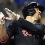 
              Cleveland Indians' Bradley Zimmer hits a sacrifice fly to score a run during the third inning of a baseball game against the Kansas City Royals Thursday, Sept. 30, 2021, in Kansas City, Mo. Kansas City, Mo. (AP Photo/Charlie Riedel)
            