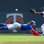 
              Toronto Blue Jays shortstop Bo Bichette, left, dives safely into first base as Minnesota Twins first baseman Miguel Sano (22) waits for the ball in the third inning of a baseball game, Sunday, Sept. 26, 2021, in St. Paul, Minn. (AP Photo/Andy Clayton-King)
            