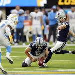 
              Dallas Cowboys kicker Greg Zuerlein makes the game-winning field goal as time expires during the second half of an NFL football game against the Los Angeles Chargers Sunday, Sept. 19, 2021, in Inglewood, Calif. (AP Photo/Ashley Landis)
            