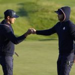 
              Team USA's Daniel Berger and Team USA's Brooks Koepka react after winning the second hole during a foursomes match the Ryder Cup at the Whistling Straits Golf Course Saturday, Sept. 25, 2021, in Sheboygan, Wis. (AP Photo/Jeff Roberson)
            