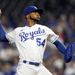 
              Kansas City Royals relief pitcher Ervin Santana throws during the first inning of a baseball game against the Cleveland Indians Tuesday, Sept. 28, 2021, in Kansas City, Mo. (AP Photo/Charlie Riedel)
            