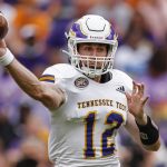 
              Tennessee Tech quarterback Davis Shanley (12) throws to a receiver during the first half of an NCAA college football game against Tennessee, Saturday, Sept. 18, 2021, in Knoxville, Tenn. (AP Photo/Wade Payne)
            