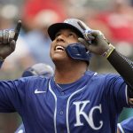 
              Kansas City Royals' Salvador Perez looks up after hitting a two-run home run in the fifth inning in the first baseball game of a doubleheader against the Cleveland Indians, Monday, Sept. 20, 2021, in Cleveland. The home run broke Johnny Bench's record for the most home runs in a season by a primary catcher. (AP Photo/Tony Dejak)
            