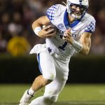 
              Kentucky quarterback Will Levis (7) runs with the ball in the second half of an NCAA college football game against South Carolina, Saturday, Sept. 25, 2021, at Williams-Brice Stadium in Columbia, S.C. (AP Photo/Hakim Wright Sr.)
            