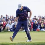 
              Team USA's Bryson DeChambeau reacts after making a putt on the 15th hole during a four-ball match the Ryder Cup at the Whistling Straits Golf Course Friday, Sept. 24, 2021, in Sheboygan, Wis. (AP Photo/Jeff Roberson)
            