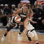 
              Minnesota Lynx forward Napheesa Collier (24) gets control of the ball after forcing Chicago Sky guard Courtney Vandersloot (22) to turn it over in the second quarter of a WNBA basketball game, Sunday, Sept. 26, 2021, in Minneapolis. (Jeff Wheeler/Star Tribune via AP)
            