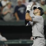 
              New York Yankees' Joey Gallo gestures after hitting a solo home run against the Baltimore Orioles during the eighth inning of a baseball game, Tuesday, Sept. 14, 2021, in Baltimore. (AP Photo/Julio Cortez)
            