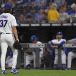 
              Kansas City Royals starting pitcher Jackson Kowar was pulled in the second inning after giving up five runs to the Oakland Athletics during a baseball game, Tuesday, Sept. 14, 2021 in Kansas City, Mo. (AP Photo/Reed Hoffmann)
            