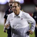 
              Alabama head coach Nick Saban jogs off the field after an NCAA college football game against Southern Mississippi, Saturday, Sept. 25, 2021, in Tuscaloosa, Ala. (AP Photo/Vasha Hunt)
            