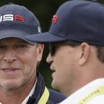 
              Team USA captain Steve Stricker talks to Zack Johnson at the Whistling Straits Golf Course Monday, Sept. 20, 2021, in Sheboygan, Wis. (AP Photo/Morry Gash)
            