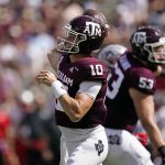 
              Texas A&M quarterback Zach Calzada (10) pass down field against New Mexico during the first half of an NCAA college football game on Saturday, Sept. 18, 2021, in College Station, Texas. (AP Photo/Sam Craft)
            