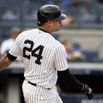 
              New York Yankees' Gary Sanchez watches his walkoff single against the Minnesota Twins during the 10th inning of a baseball game on Monday, Sept. 13, 2021, in New York. (AP Photo/Adam Hunger)
            