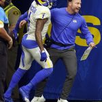 
              Los Angeles Rams wide receiver DeSean Jackson, left, celebrates his touchdown catch with head coach Sean McVay during the second half of an NFL football game against the Tampa Bay Buccaneers Sunday, Sept. 26, 2021, in Inglewood, Calif. (AP Photo/Jae C. Hong)
            