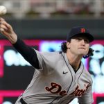 
              Detroit Tigers pitcher Casey Mize throws against the Minnesota Twins in the first inning of a baseball game, Wednesday, Sept. 29, 2021, in Minneapolis. (Photo by Jim Mone)
            