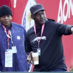 
              Michael Jordan looks around the first tee before a foursomes match the Ryder Cup at the Whistling Straits Golf Course Saturday, Sept. 25, 2021, in Sheboygan, Wis. (AP Photo/Ashley Landis)
            